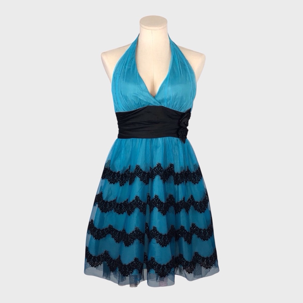 B Smart Halter Tulle Dress with Velvet Lace